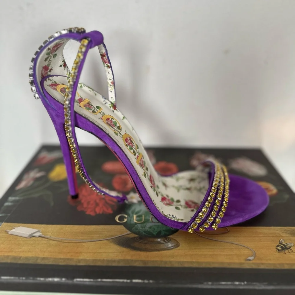 Gucci Kid Scamosciato Crystal Ankle Strap High Heel - Picture 3 of 5